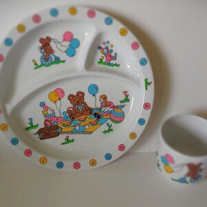Vintage Melamine Matching Kids Plate and Cup Set